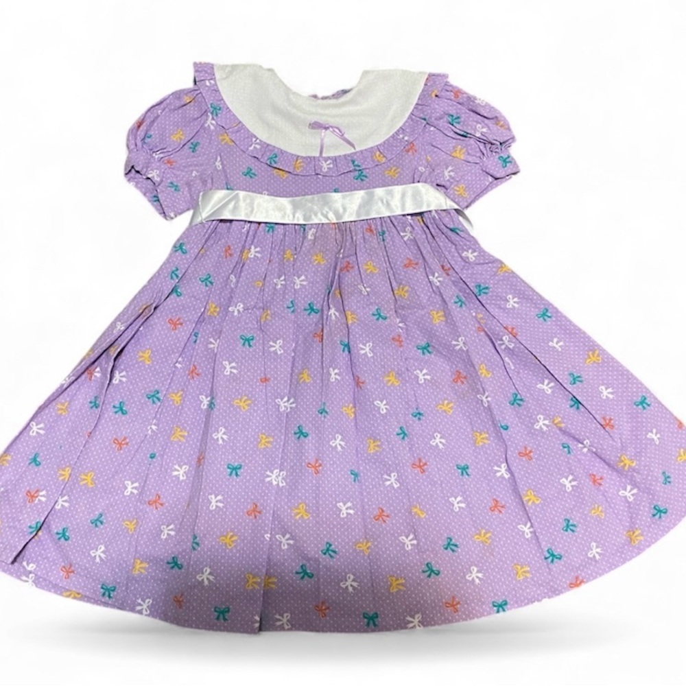 Vintage Toddler Girl Cotton Dress 80s 90s Purple Polka Dot Bows Ribbon Tie